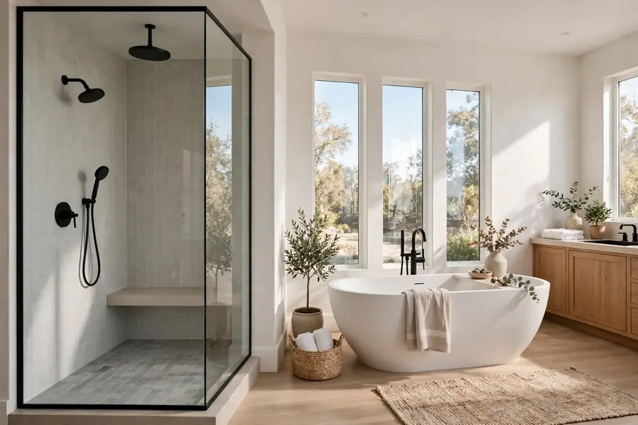 Primary bathroom with a separate shower and freestanding tub
