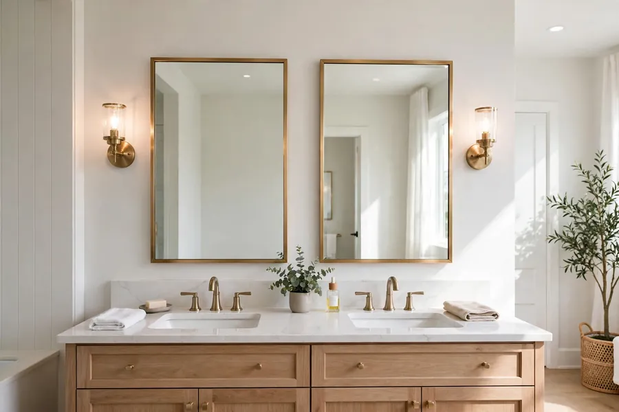 Double mirrors with a sconce light on each side