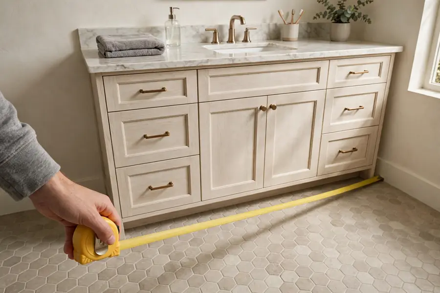 Hand holding a tape measure across a bathroom floor in front of a vanity