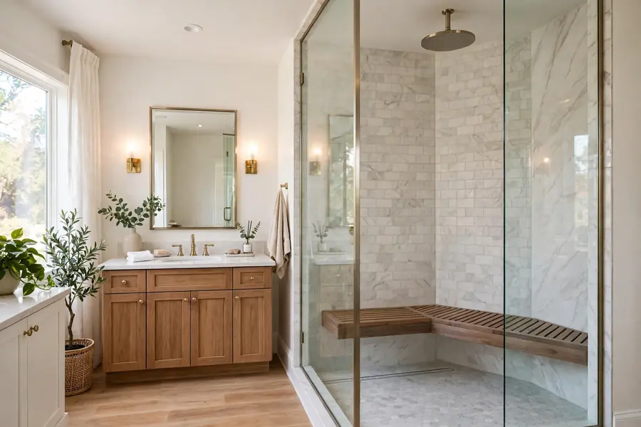 Large walk-in shower with a bench seat and a rainfall showerhead
