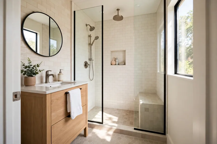 Compact primary bathroom with a walk-in shower and a single vanity