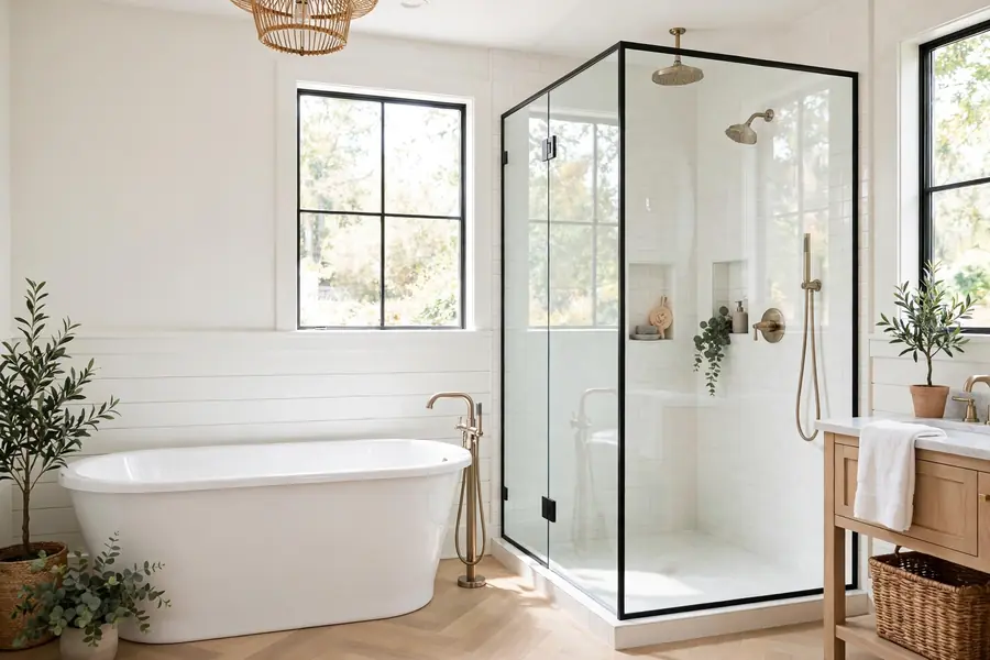 Freestanding white soaking tub beside a glass shower enclosure