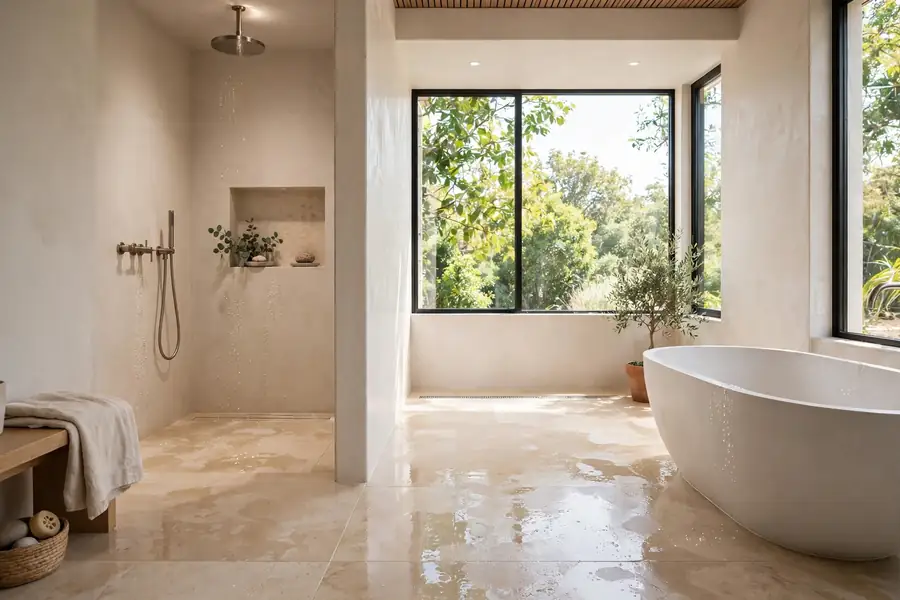 Wet room with a curbless shower and a freestanding tub on one floor
