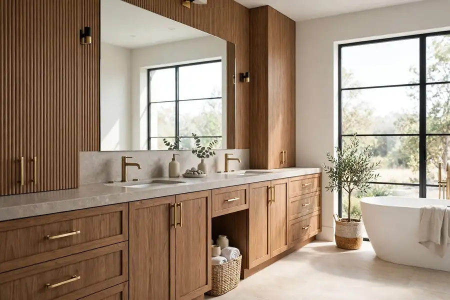 Modern bathroom with medium wood cabinets and quiet stone counters