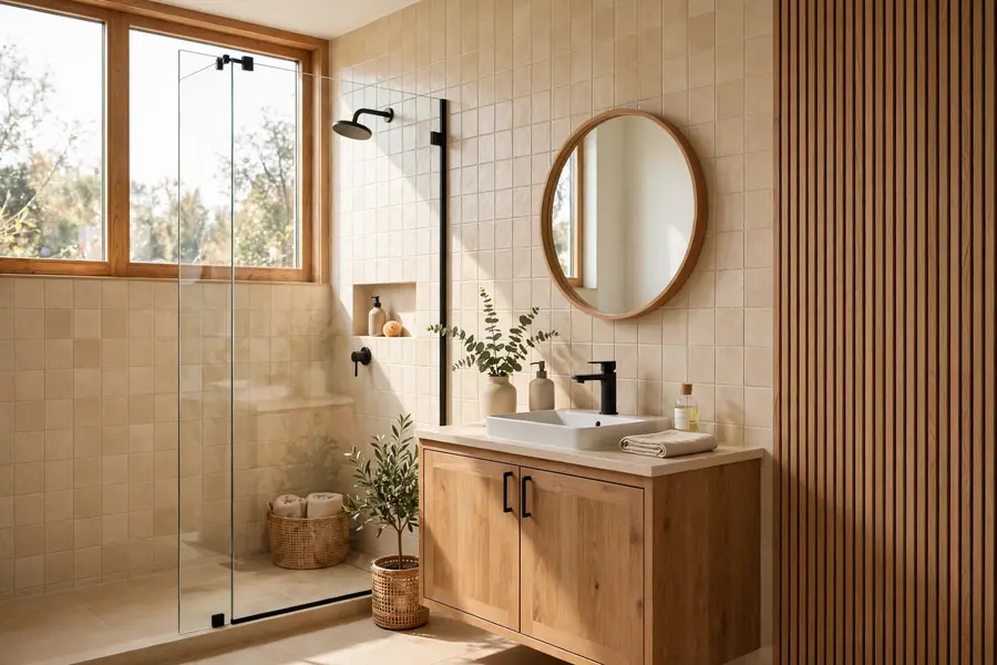 Modern bathroom with warm beige tile and wood accents