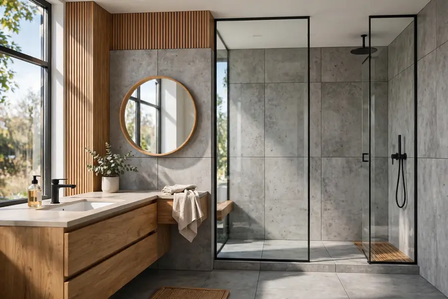 Modern bathroom with concrete-look tile, wood, and glass