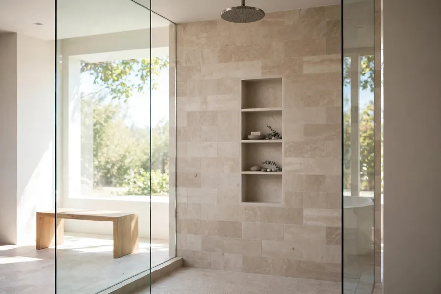 Frameless modern shower with a rainfall head and a recessed niche