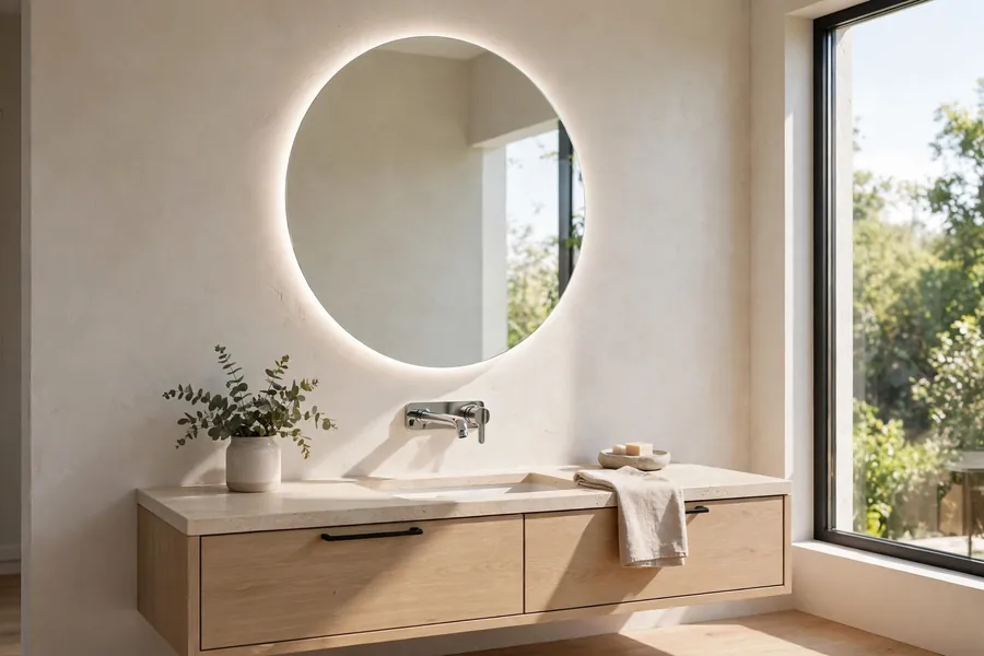 Backlit round mirror over a modern vanity with a wall-hung faucet