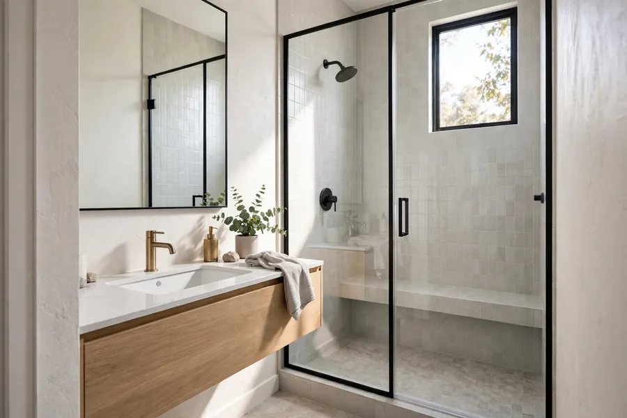 Small modern bathroom with a floating vanity and a glass shower