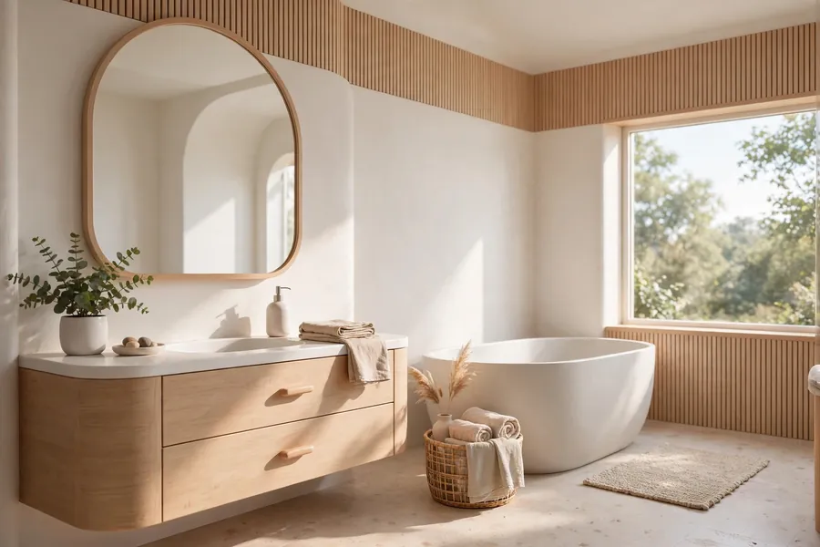 Warm modern bathroom with light wood and white surfaces