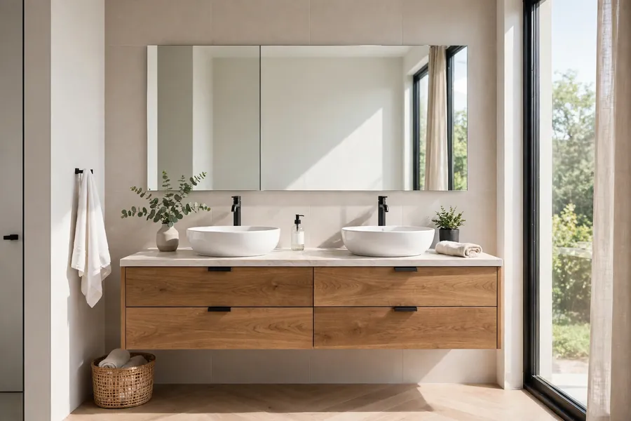 Floating double vanity with vessel sinks in a modern bathroom