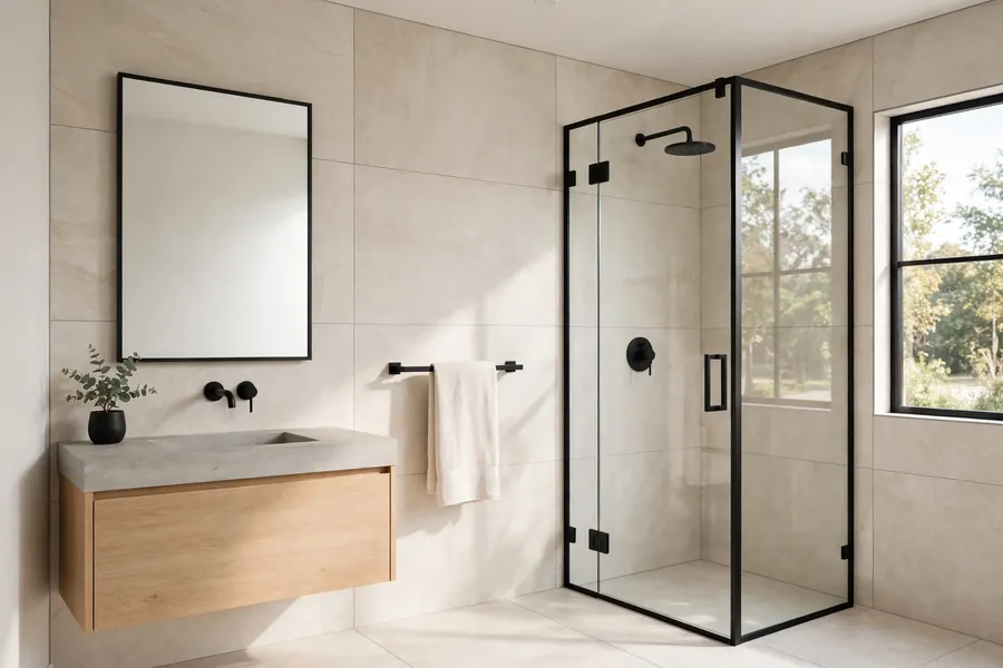 Modern bathroom with matte black fittings and large-format tile