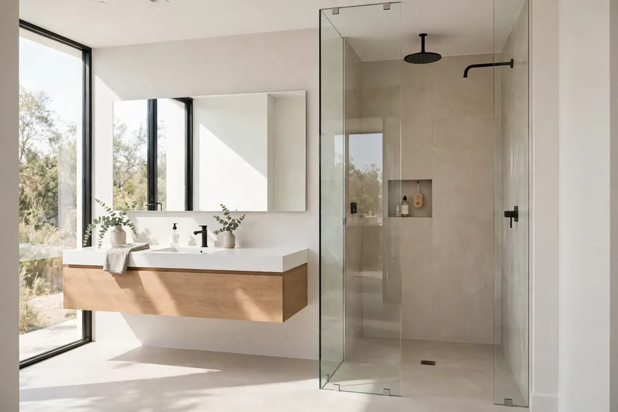 Modern bathroom with a floating vanity and a frameless glass shower