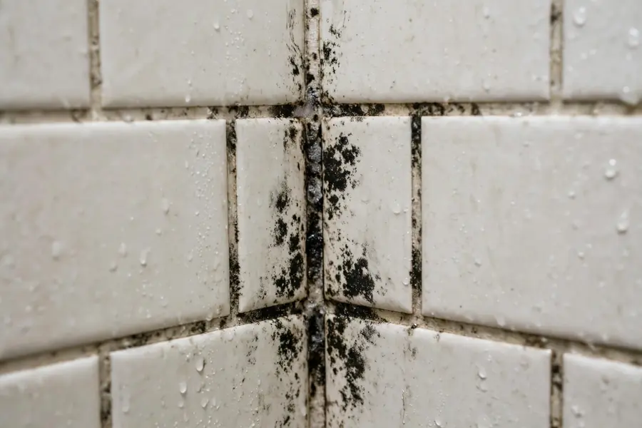 Close-up of grout with dark patches in a shower corner