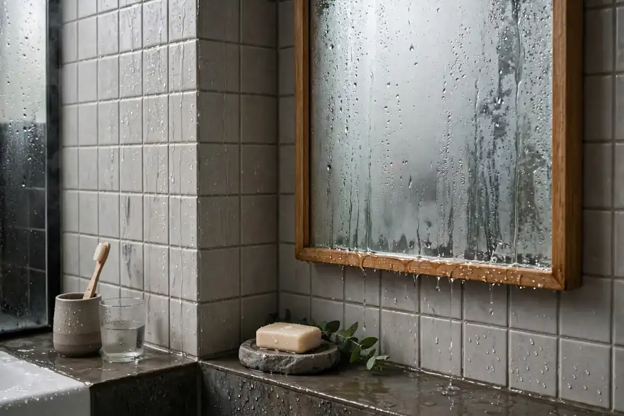 Damp bathroom corner with condensation on a mirror