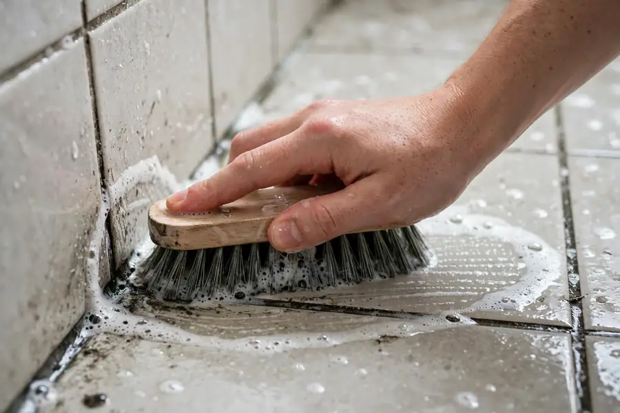 Hand scrubbing bathroom grout with a stiff brush