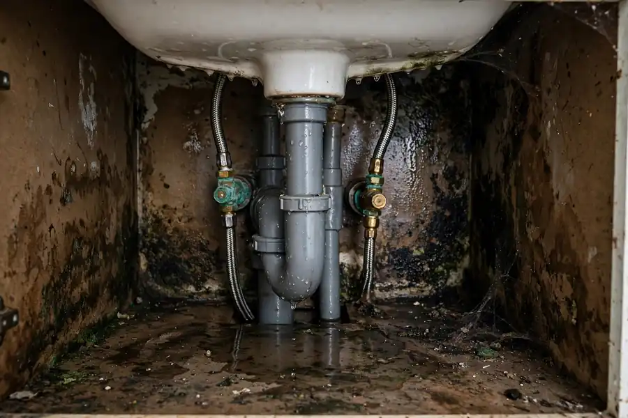 Damp gap under a bathroom sink with pipes
