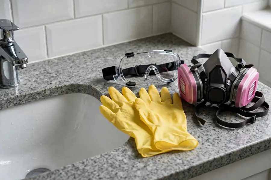 Gloves, goggles, and a respirator mask laid out beside a bathroom sink