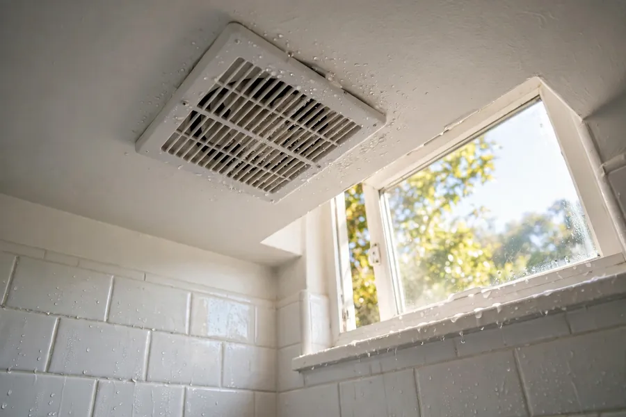 Ceiling exhaust fan vent with an open window beside it