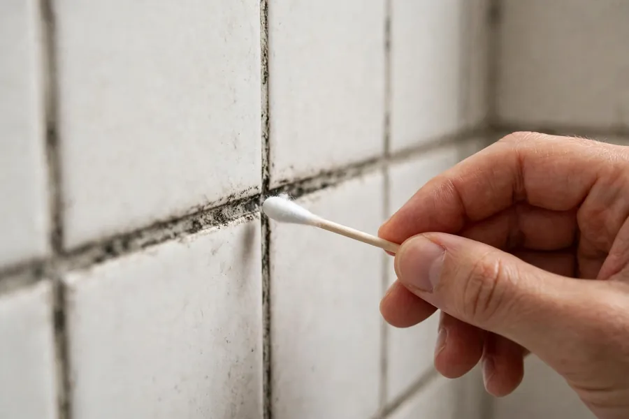 Hand holding a cotton swab near dark bathroom grout