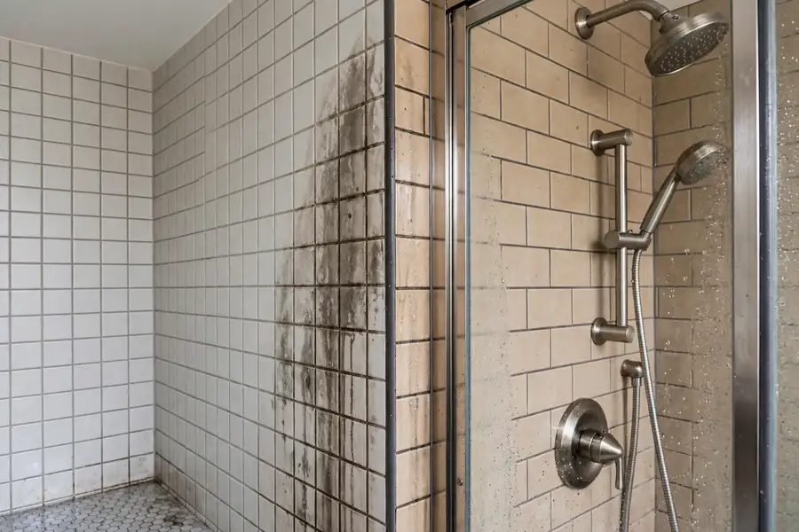 Bathroom wall with a damp patch beside a shower