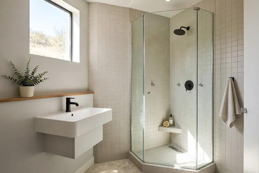 Compact bathroom with a corner shower and a wall-hung sink