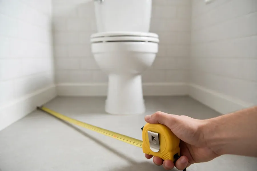Hand holding a tape measure across the clear floor in front of a toilet
