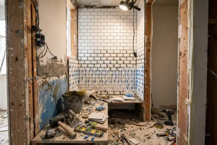 Small bathroom mid-remodel with new wall tile being set