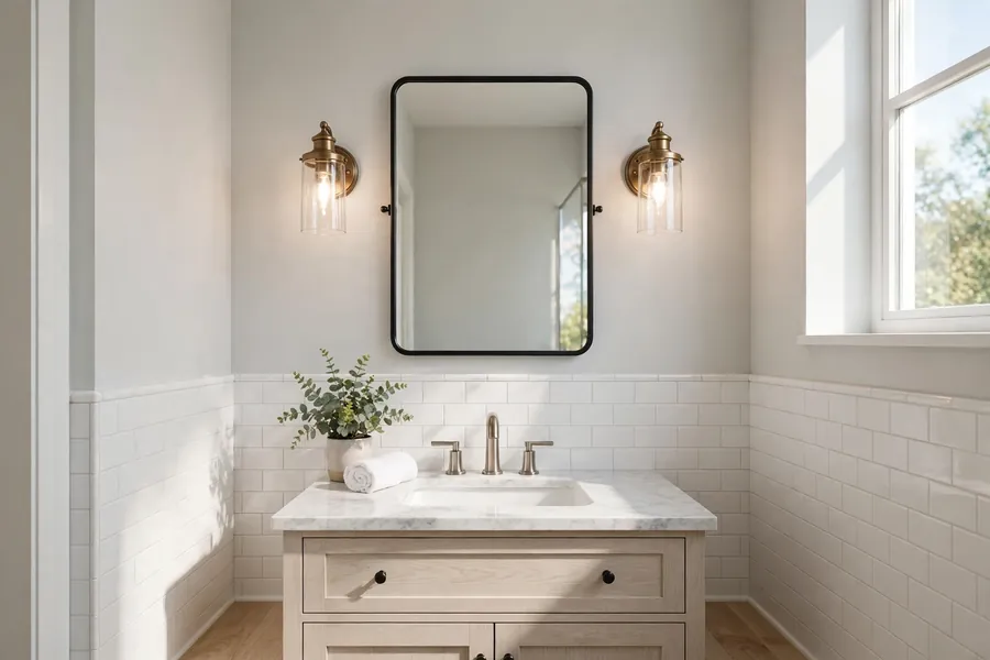 Small bathroom mirror with a sconce light on each side