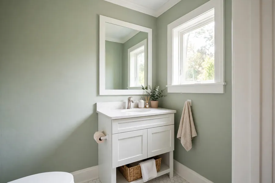 Small bathroom with light sage painted walls and white trim