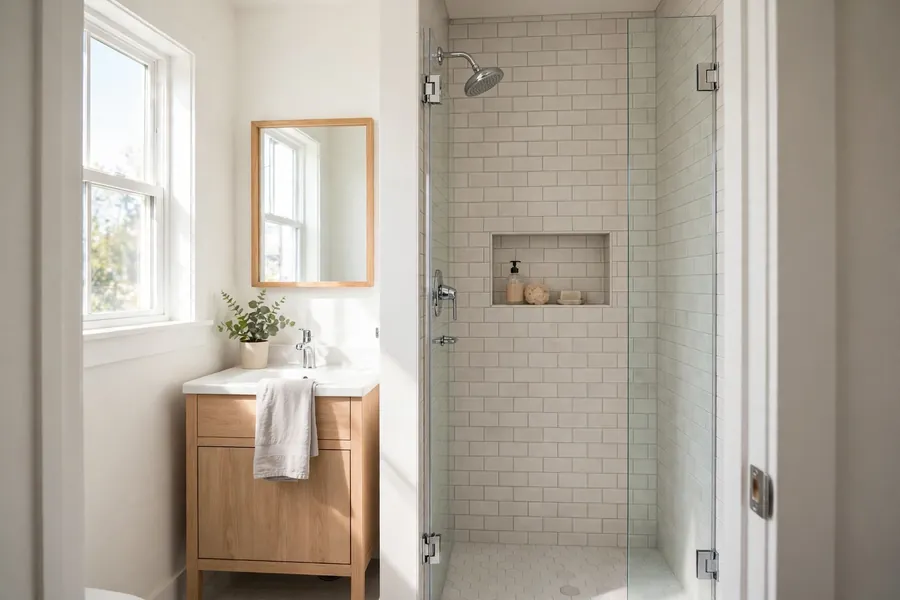 Walk-in shower with a clear glass panel in a small bathroom