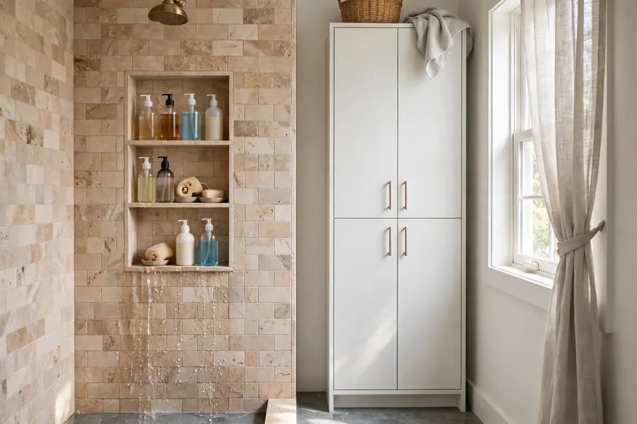Recessed shower niche and tall storage cabinet in a small bathroom