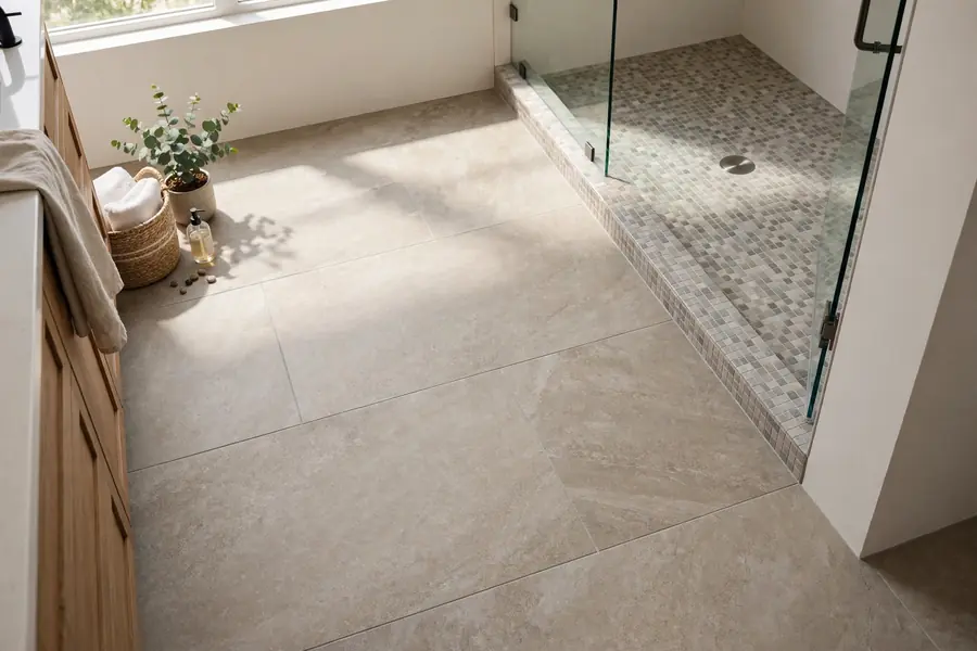 Large-format floor tile beside a small mosaic shower floor in one bathroom
