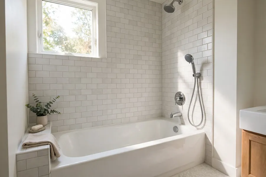 Tub and shower combination with a handheld showerhead in a small bathroom