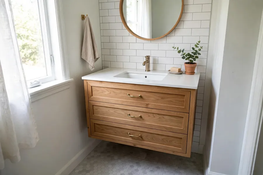 Wall-hung vanity with drawers and floor visible beneath in a small bathroom