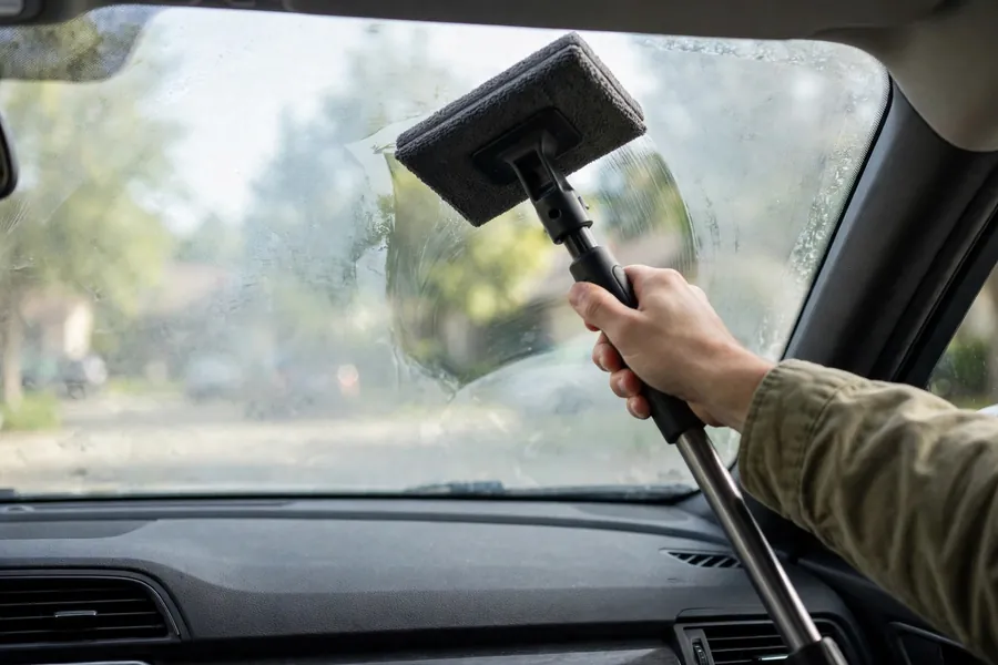 Hand holding a microfiber pad on a reach tool against the inside of a hazy car windshield
