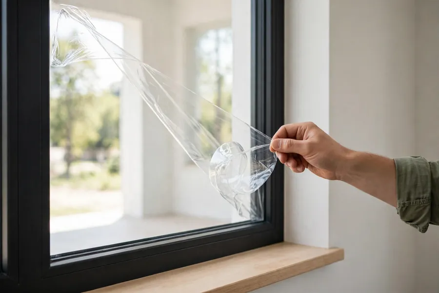 Hand peeling clear protective film from a new window pane in a bright room