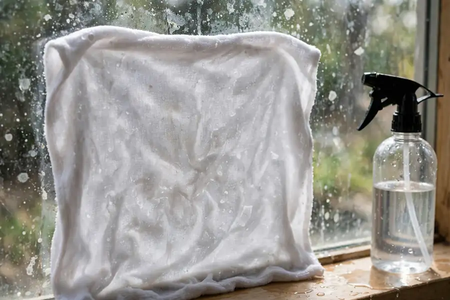 Soaked white cloth held flat against a window pane with white hard water spots, spray bottle on the sill