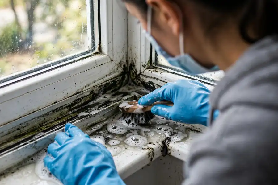 Blue gloved hands scrubbing a moldy window track with a brush and soapy water, mask visible
