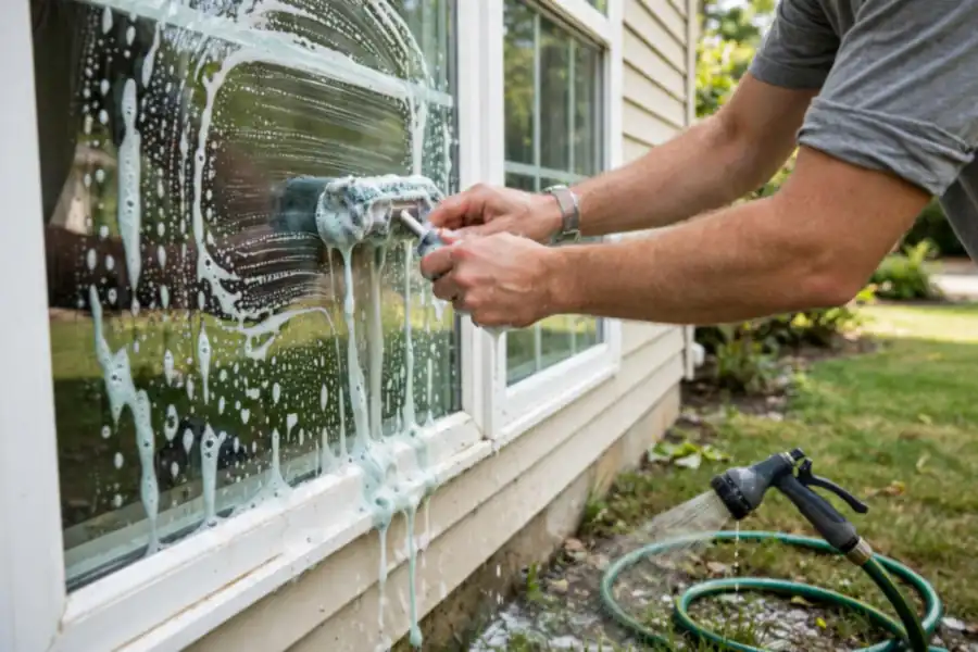 Hands washing the outside of a ground-floor window with a washer sleeve, hose nearby