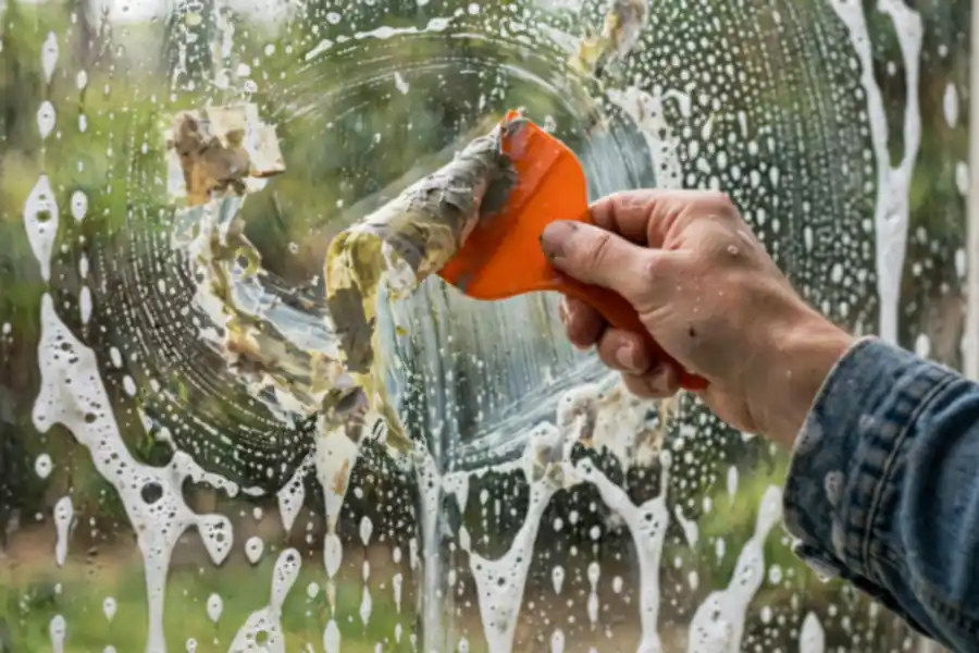 Orange plastic scraper lifting softened paint and sticker residue from soapy window glass