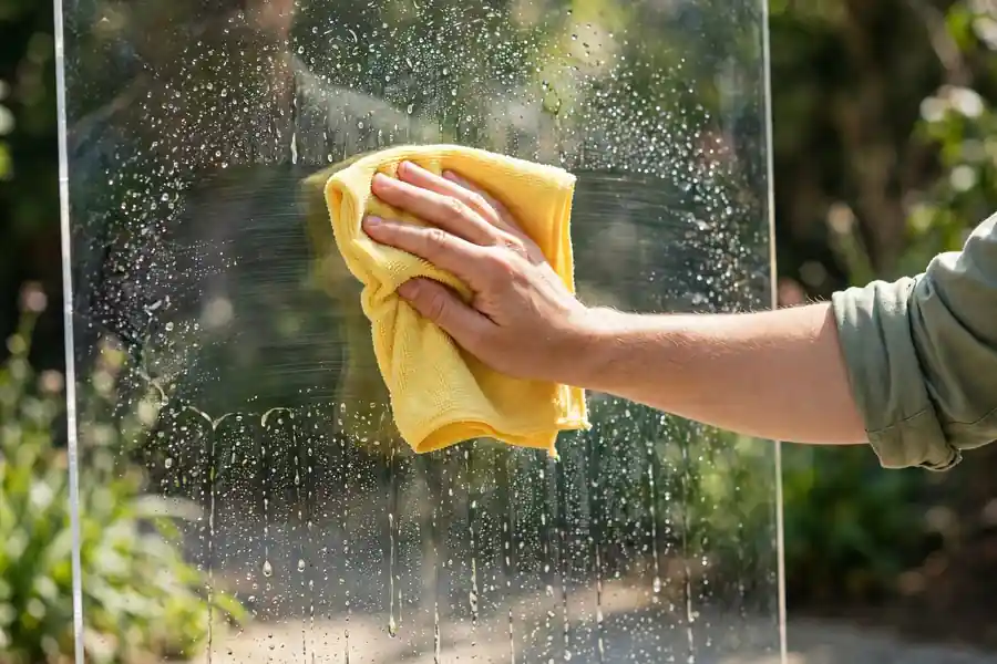 Hand wiping a clear acrylic panel with a yellow microfiber cloth, water droplets on the surface