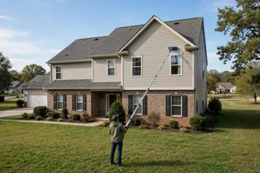 Extension pole reaching a second-story window while the worker stands on the lawn