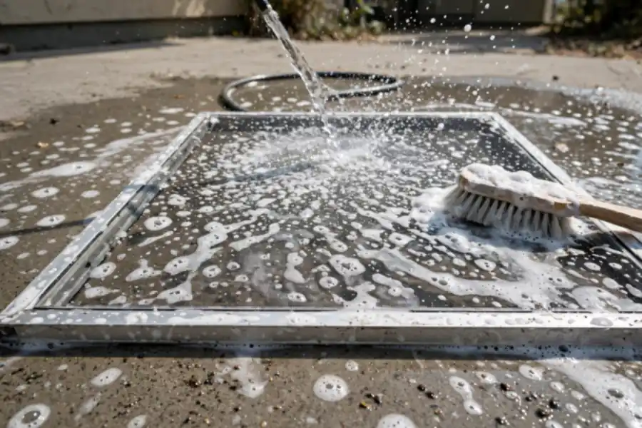 Window screen lying flat on a driveway being hosed down with soap suds and a brush