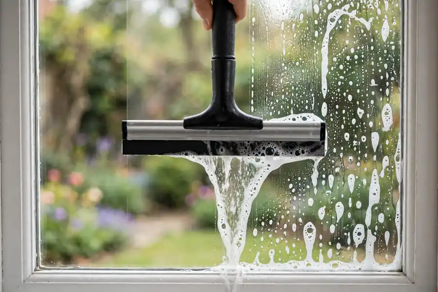 Squeegee pulling soapy water down a house window pane, leaving a clean strip behind