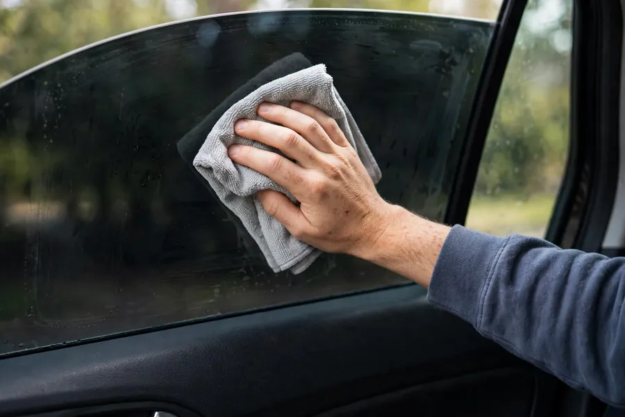 Hand wiping the inside of a dark tinted car window with a folded microfiber cloth