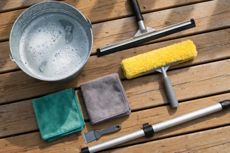 Bucket of soapy water, squeegee, washer sleeve, microfiber cloths, scraper, and extension pole laid out on a wooden deck