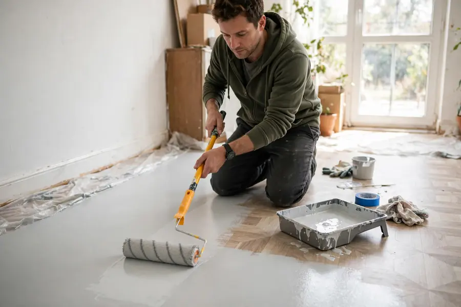 Person painting a vinyl floor with a roller