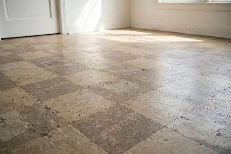 Worn but flat vinyl floor in a low-traffic room