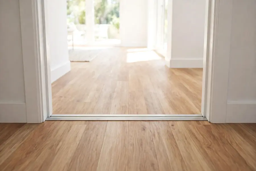 Laminate flooring running through a doorway with a T-molding strip at the threshold